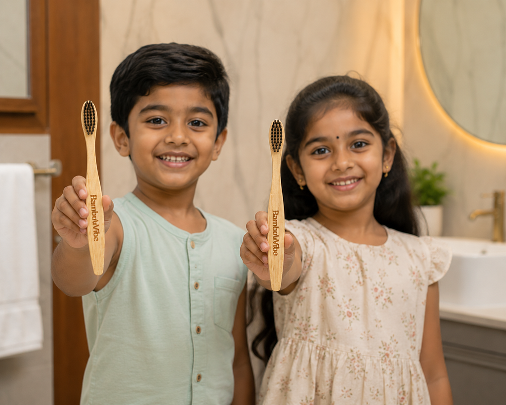 BambooVibe Kids Bamboo Toothbrush – C Curve Handle with Charcoal Infused Soft Bristles