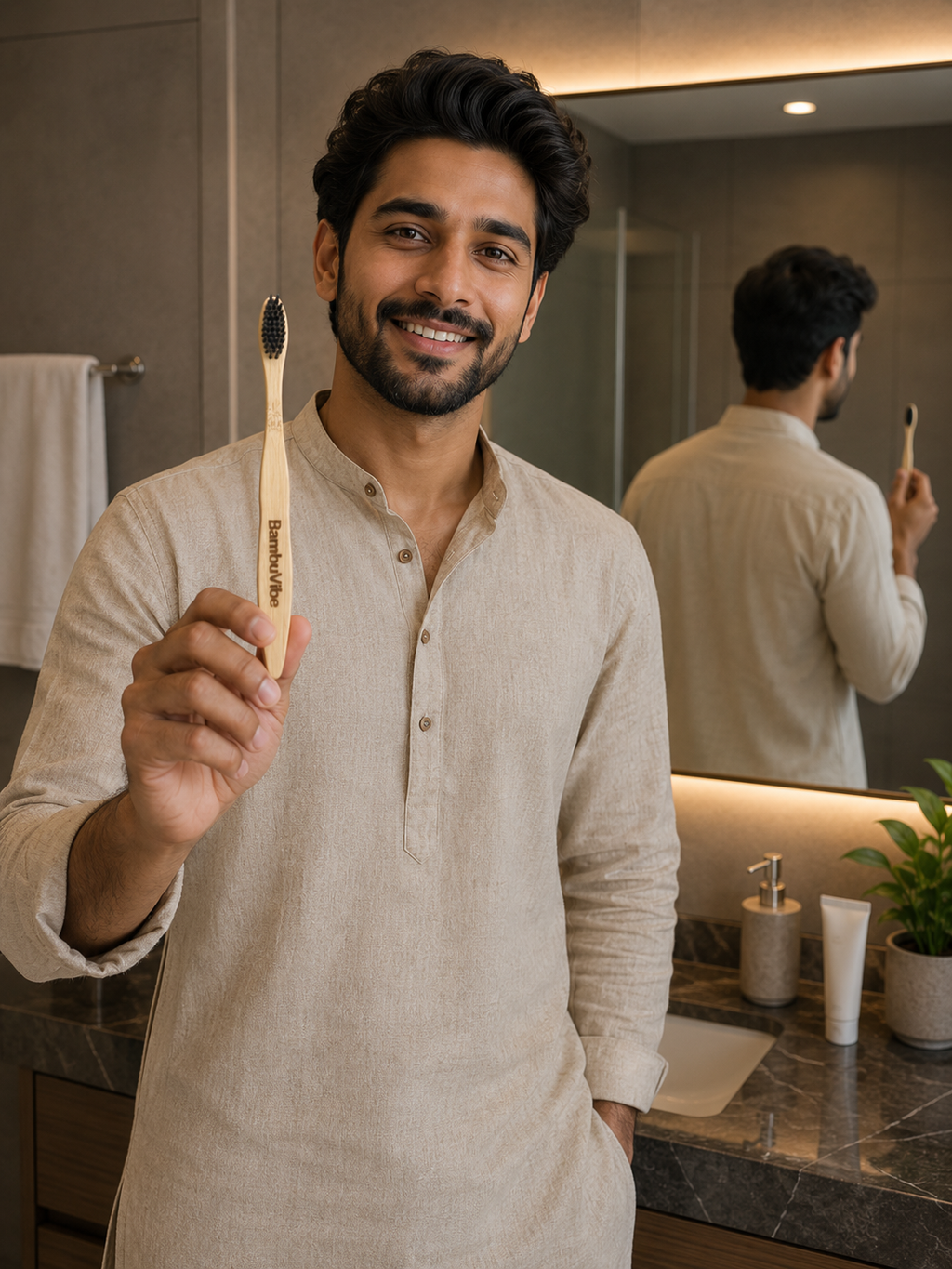 BambooVibe Adult Bamboo Toothbrush – S Curve Handle with Charcoal Infused Soft Bristles